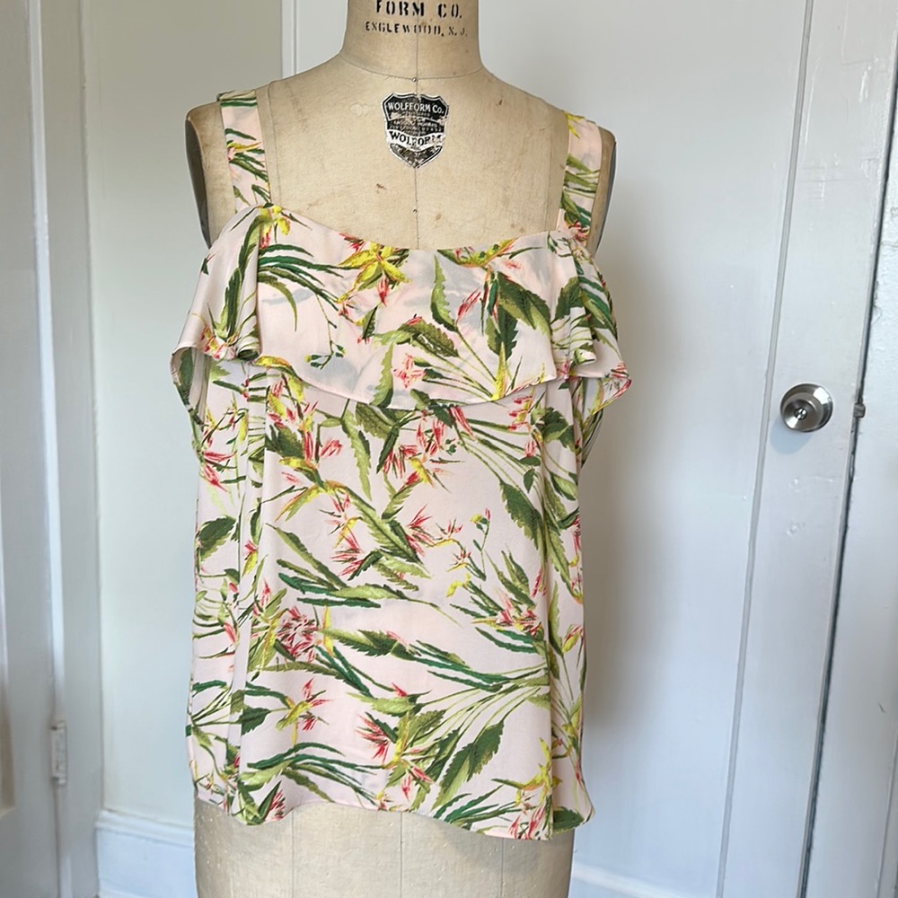 Violet + Claire, Palm Leaf, Flutter Sleeve Chiffon Blouse, size L large